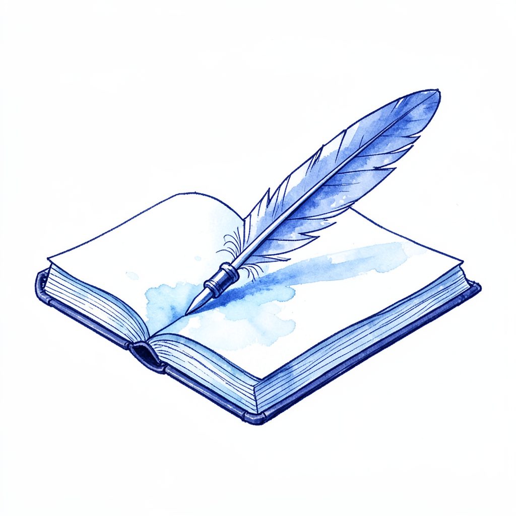 A hand-drawn ink illustration of a quill pen resting across an open journal, with delicate blue ink washes and navy lines