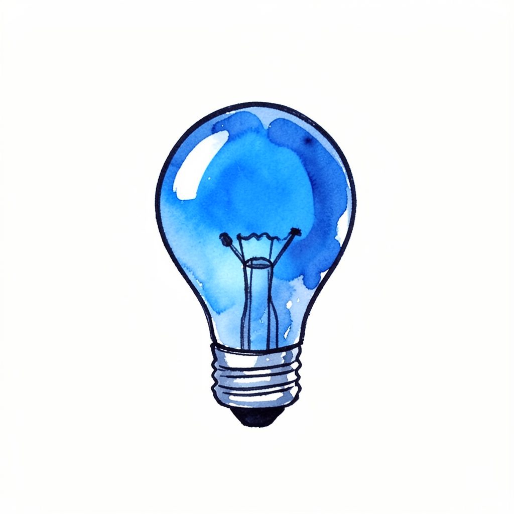 A hand-drawn ink illustration of a lightbulb glowing with soft blue and navy ink washes, symbolizing inspiration and bright ideas