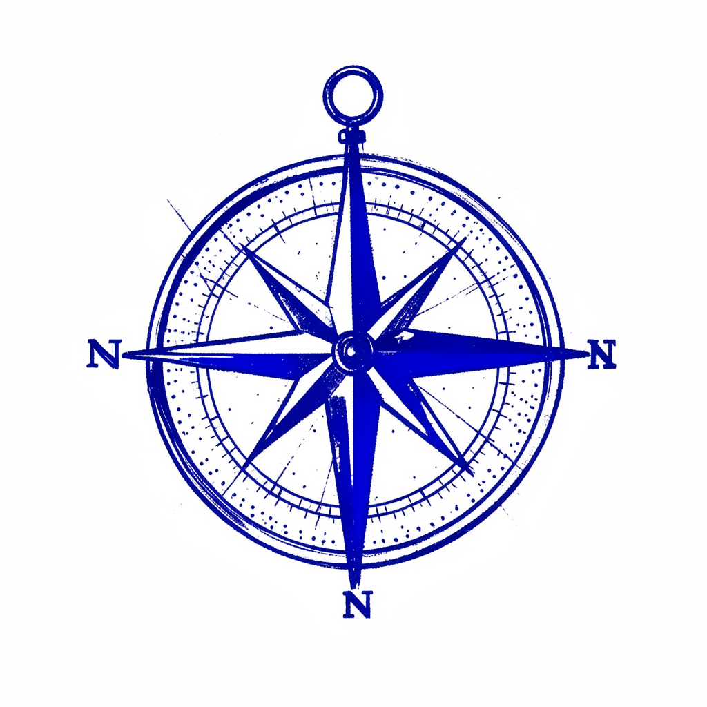 A hand-drawn ink illustration of a compass rose in navy and royal blue, with delicate dot-work shading, suggesting guidance and direction