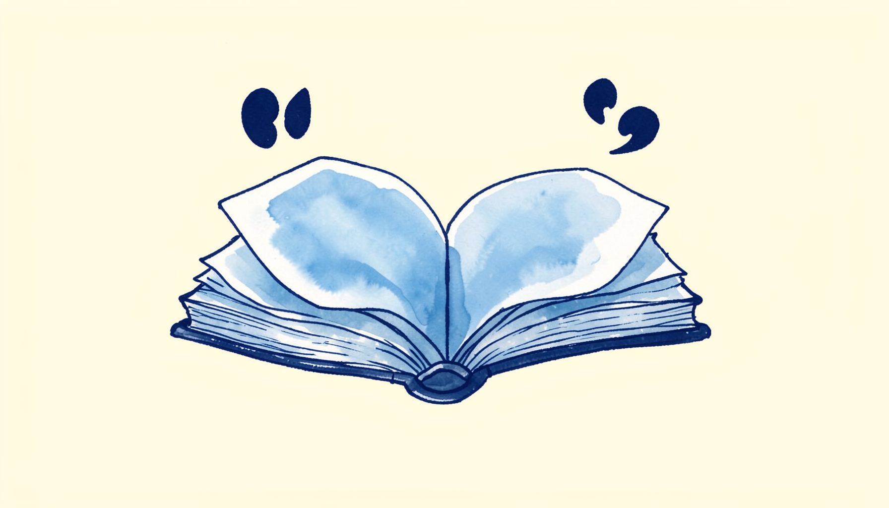 A hand-drawn ink illustration of an open book with soft blue washes, pages gently curling, surrounded by floating quotation marks