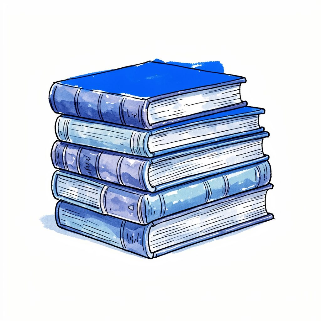 A hand-drawn ink illustration of stacked vintage books with blue ink washes, spines facing forward, evoking a sense of collected wisdom