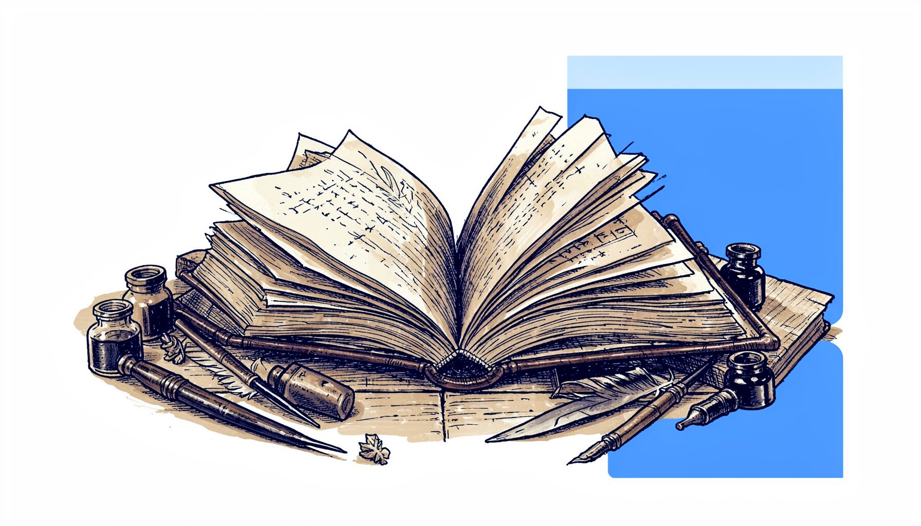 Hand-drawn ink illustration of an open antique book with pages fanning outward, quill pens and ink bottles scattered across a warm cream background, evoking a timeless literary atmosphere.